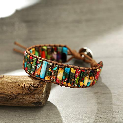 Women Boho Handmade Natural Stone Crystal Leather Bead Wrap Bracelets Collection - style: Colorful Jasper 1W