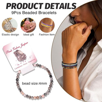 BOMAIL 9Pcs Healing Crystal Bracelets for Women Men 4mm 6mm 8mm Natural Stone Beaded Stretch Bracelet Set Handmade Gemstone Reiki Spiritual Jewelry Gifts - color: A:4mm