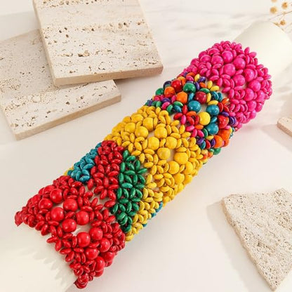 Handmade Wooden Bead Bohemian Elastic Stretch Bracelet Colorful Flower Pattern Design for Women Summer Beach Holiday Jewelry Lightweight - color: round