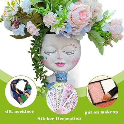 Face Plant Pots Head Planters - Face Flower Pot Head Planter with Cat, Succulent Pots with Drainage Hole, Resin Lady Planter for Indoor Outdoor, Home Decor, Mother's Day/Women Gifts - size: Medium, style: Girl Hugs Cat