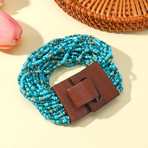 Multi Layers Seed Beads Wide Bangle Strand Bracelet for Women (BR1167)… - color: BlueGold