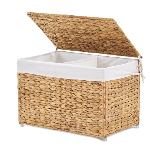 Storage Basket with Lid, Woven Wicker Shelf Basket with Removable Liner, Metal Frame Rattan Storage Trunk with Handle for Laundry, Bedroom, Living Room, Office (Natural, 65L) - color: Natural, size: 65L
