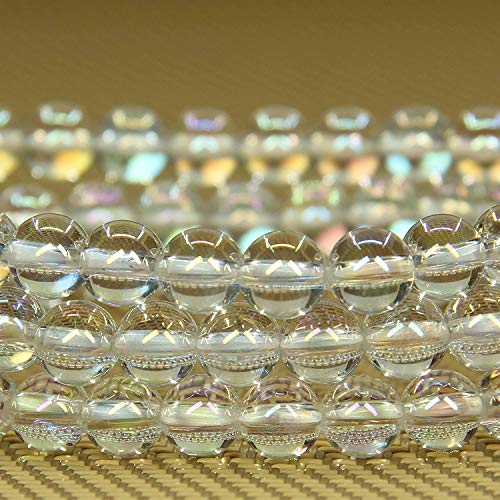 Angelstones Handmade Natural Healing Gemstone 6mm Round Beads Stretch Crystal Bracelet 7 Inch Unisex - color: Aqua Aura Clear Quartz