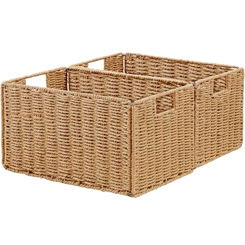 Wicker Storage Basket, Set of 2 Hand-Woven Paper Rope Wicker Basket, Small Storage Baskets for Organizing Toilet Paper Basket, Foldable Large Cube Storage Organizer Bins for Shelves (Natural) - color: Natural, size: 15.2"D x 10"W x 8.6"H