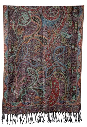 Achillea Reversible Paisley Pashmina Rave Scarf – Exotic Indian Shawls and Wraps for Evening Dresses, Festivals, All Seasons - color: Tapestry Black