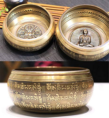 Tibetan Singing Bowl Set,Carved with Five Buddha Statues and Mentra of Om Mane Padme Hum,For Sound Healing,Meditation,Yoga,Relaxation,Chakra Balance,Handmade in Nepal(5.7inches) - color: Five Buddha, size: 14.5cm
