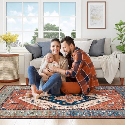 Lahome 8 x 10 Area Rugs for Living Room Boho Washable Non-Slip Backing Large Rug Ultra-Thin Stain Resistant Dining Room Rugs for Under Table, Oriental Print Rugs for Bedroom Adelyn (Rust, 8'x10')