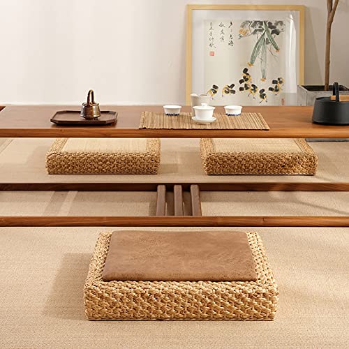 K.LSX Handmade Meditation Cushion Yoga Floor Mat Cushion,Woven Straw Tatami Seat Cushion Round Solid Wood Frame Seat Cushion,Japanese Futon Seat Cushion-Cool mat b 50x50x10cm(20x20x4inch)