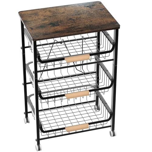 NiuYichee 4-Layer Fruit Basket Kitchen Food Organizer and Rack, Stackable Storage Cart with Desktop, Pull-Out Hollow Metal Basket, Sliding Out Storage (Black 4-Layer Rack)