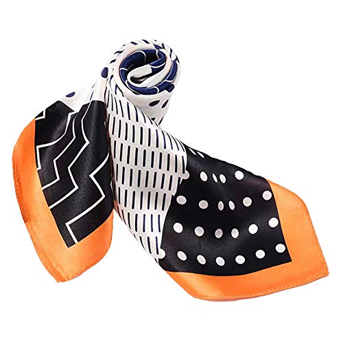 ANDANTINO 100% Mulberry Silk Scarf -21” Lightweight Square Neckerchief – Breathable Digital Printed Scarves with Gift Packed - color: Black& Orange Geometric