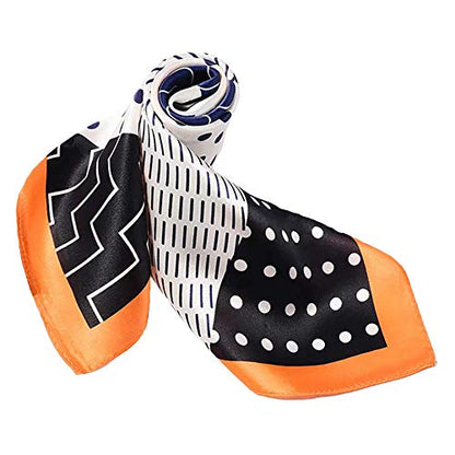 ANDANTINO 100% Mulberry Silk Scarf -21” Lightweight Square Neckerchief – Breathable Digital Printed Scarves with Gift Packed - color: Black& Orange Geometric