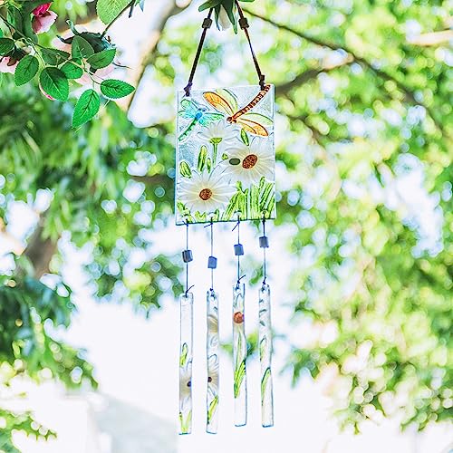 Wind Chimes for Outside-Wind Chimes Outdoor - Dragonfly and Daisy Colorful Stained Glass WindChimes Hanging Ornaments for Home Garden Decor