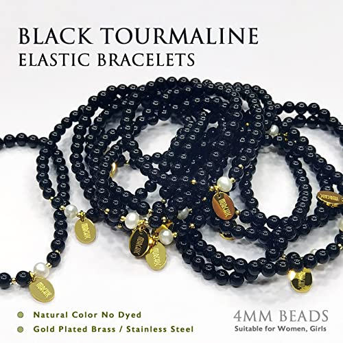 Morchic 4mm Natural Gemstone Beads Stretch Bracelet for Women, With Freshwater Pearls, Energy Gem Birthday Gift for Her 7.2” - color: Black Tourmaline