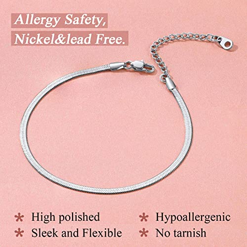 FindChic Elegant Herringbone Snake Chain Anklets/Bracelets 3MM/5MM Width Stainless Steel/18K Gold/Rose Gold Plated/Black 4 Color Options, 8.3'' 8.5'' 10.5'' Length, with Gift Box - color: A: 3mm 8.5'' anklet (Stainless Steel)