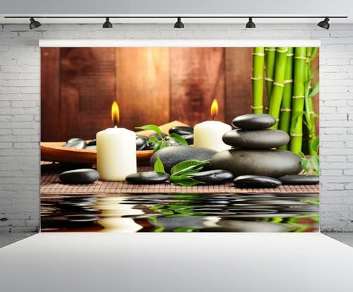 5x3ft Zen Garden Backdrop Bamboos Candles Basalt Stone Spa Water Zen Stone Relaxation Japanese Background Meditation Spa Birthday Wedding Party Decor Photo Booth Studio Props Wallpaper - size: 5x3FT