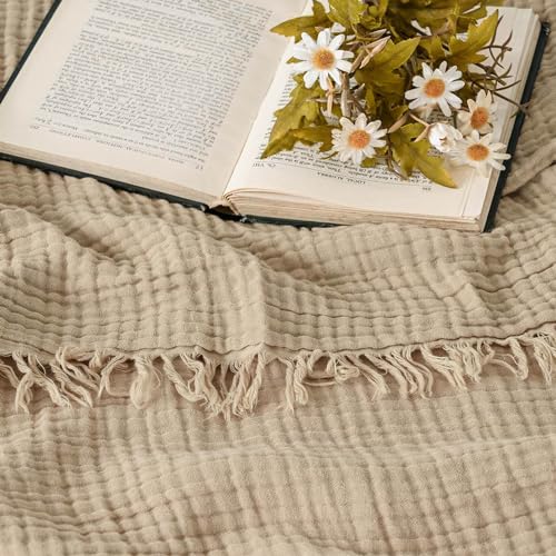 Esterra Muslin Throw Blanket 50x65 Inches Cozy Soft Lightweight Pre-Washed Cotton Blanket, All Season Breathable 4-Layer Gauze Blanket Throw for Sofa Couch Bed, Curds&Whey - color: 05 - Curds Whey, size: Throw (50"x65")