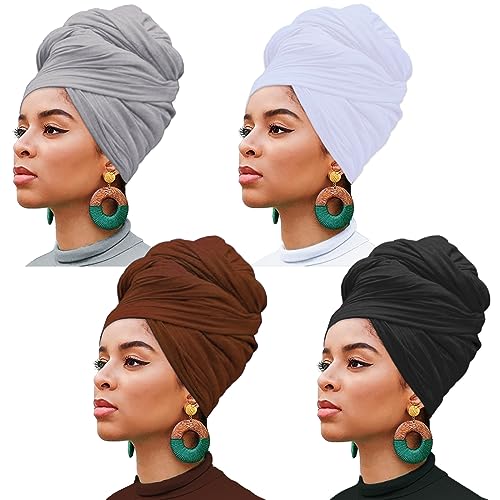 XTREND 4 Pieces Head Wraps Stretch Jersey Turban African Fashion Headband Long Hair Scarf Solid Color Head Wrap Breathable Soft Turban Tie for Women (Black, White, Light Gray, Coffee) - color: Black, White, Light Gray, Coffee
