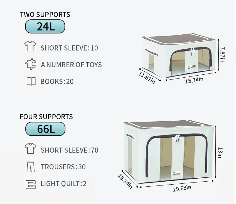 Storage Bin with Lids, 600D Oxford Fabric, Foldable, 4 Thick Solid Steel Frames, 2 Zippers & Windows, Container Organizer for Clothes,Quilt, Blanket,Pillow.Dorm, Kid Center,Big Space(66L)
