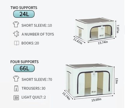 Storage Bin with Lids, 600D Oxford Fabric, Foldable, 4 Thick Solid Steel Frames, 2 Zippers & Windows, Container Organizer for Clothes,Quilt, Blanket,Pillow.Dorm, Kid Center,Big Space(66L)