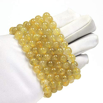 MJDCB Featured Men Women 8mm Beads Bracelet Elastic Natural Stone Yoga Bracelet Bangle 6.7" - color: Gold Quartzrutilated