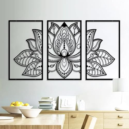 Resama 3 Pcs Lotus Flower Wall Art Decor Metal Mandala Wall Decor Unique Lotus Flower Wall Art for Living Room, Bedroom, Office and Yoga Room Hanging Decor(Black,Large) - color: Black, size: 43L" x 22W"