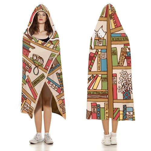 Sleeping Cat Library Bookshelf Large Size Comfortable Hooded Blanket, Warm Blanket 50"x60" - color: Sleeping Cat Library Bookshelf, size: 50"x60"