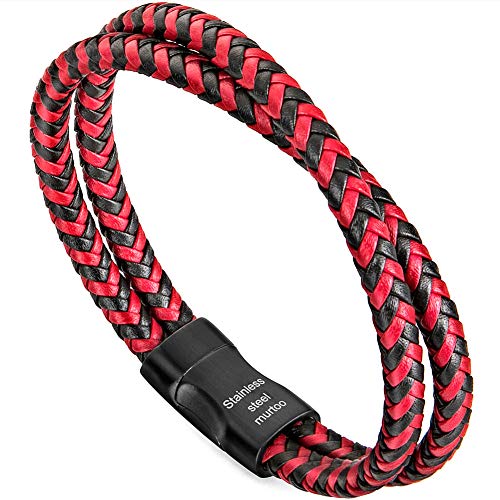 murtoo Mens Bracelet Leather Braided, Brown and Black Leather Bracelet for Men - color: Black-red, size: 8.46"