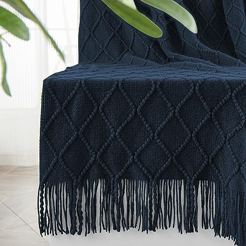 inhand Knitted Throw Blankets for Couch and Bed, Soft Cozy Knit Blanket with Tassel, Dark Blue Lightweight Decorative Blankets and Throws, Farmhouse Warm Woven Blanket for Men and Women, 50"x60" - color: Dark Blue, size: 50"x60"