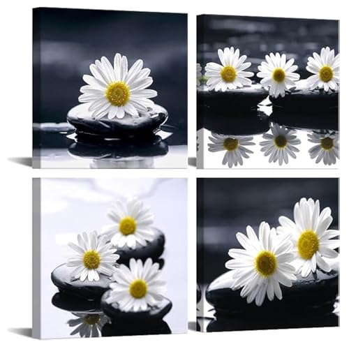 Yxbhhym-Black and White Wall Art Zen Décor Canvas Print Daisy Poster Painting Flower Stone Picture Meditation Artwork for Bathroom Decoration Dining Wall Art Bedroom Living Room Decor Office Framed - color: AzeDa5bw, size: 12"L x 12"W x 4 pcs