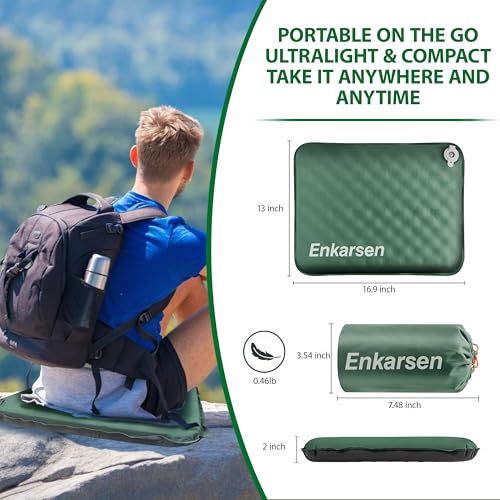 Inflatable Travel Seat Cushion – Self-Inflating Memory Foam Pad for Airplane, Stadium Bleachers, Camping, Hiking & Backpacking – Ultralight Compact & Portable Sitting Cushion - color: Green