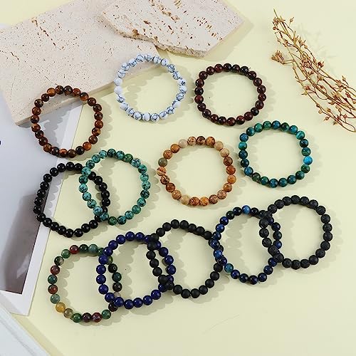 FIRAZIO 12Pcs 8mm Gemstones Beaded Stretch Bracelet for Women Crystal Stone Bracelets Round Beads Semi-Precious Stretch Bracelet Set Unisex