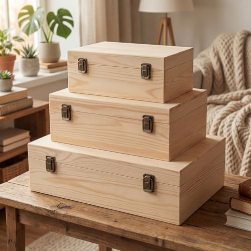 Sliner 3 Pcs Wooden Decorative Storage Boxes with Lids Vintage Wood Organizer Bins for Your Bookshelf Home Decor Safely Store Photos Documents Memory Jewelry Craft Storage (Natural Wood,S M L Size) - color: Natural Wood