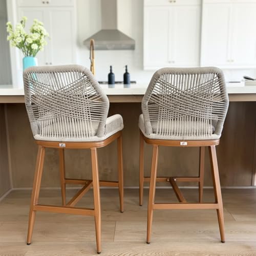 PURPLE LEAF Outdoor Counter Height Bar Stools Chair Set of 2 Modern Patio Metal Stools with Backrest and Arm, Cushions Included - color: Classic/Deep Teak, size: 2pc-24.8"h