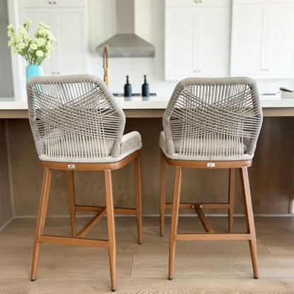 PURPLE LEAF Outdoor Counter Height Bar Stools Chair Set of 2 Modern Patio Metal Stools with Backrest and Arm, Cushions Included - color: Classic/Deep Teak, size: 2pc-24.8"h