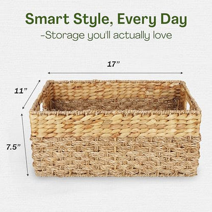 Large Wicker Storage Baskets with Handles, Natural Seagrass and Hyacinth Woven Storage Basket for Organizing Shelves, Closet, Pantry, Living Room, 17 x 11 x 7.5 Inches - size: Large - 17" x 11" x 7.5" in.