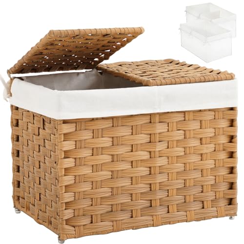 SETVSON Storage Basket with Lid Woven Wicker Baskets with 2 Separate Lid, 9.2 Gallon (35 L) Wicker Storage Bins with Handles, Foldable and 2 Removable Liner Bags for Bedroom, Laundry Room Natural - color: Natural, size: 35L-15.7L*11.8W*11.8H