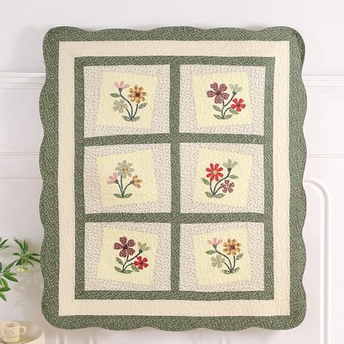vctops 100% Cotton Quilted Throw Blanket 50x60 Inch Floral Embroidered Reversible Patchwork All Season Throw (Green A,50"x60") - color: Green a