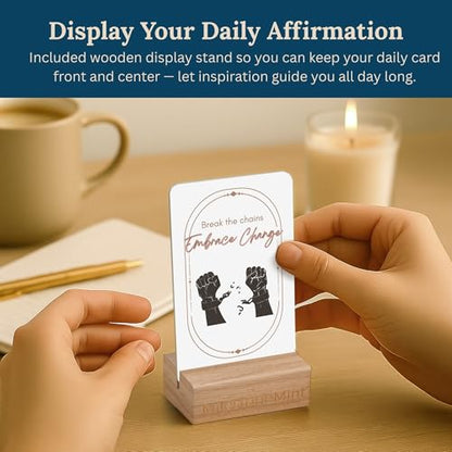 MilestoneMint Daily Affirmation Cards, 50 Positive Affirmation Cards Double Sided, Sobriety and Recovery Daily Mindset Prompts, Includes Sobriety Coin & Wooden Card Stand, Perfect Recovery Gift - size: 50 Cards Wooden Stand + Tree Coin