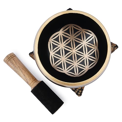 Ajuny Tibetan Singing Bowl Set - Handcrafted Meditation Brass Sound Bowl with Stick and Cushion for Yoga, Chakra Healing, Mindfulness and Stress Relief Spiritual Gifts - Gold Black