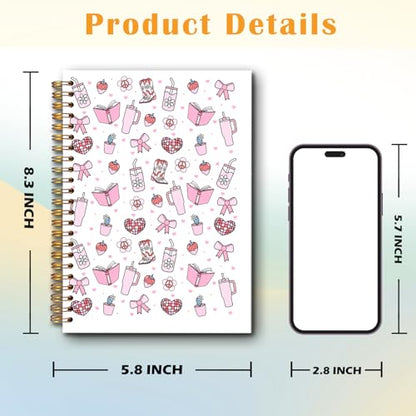 JINYO Cute Girly Bookish Notebook, Coquette Pink Bow Strawberry Journal, Preppy Aesthetic Journal for Women, Coquette Girly Office Supplies, Preppy Spiral Notebooks 5.5x8.3 Inch - color: white Girly Bookish Notebook