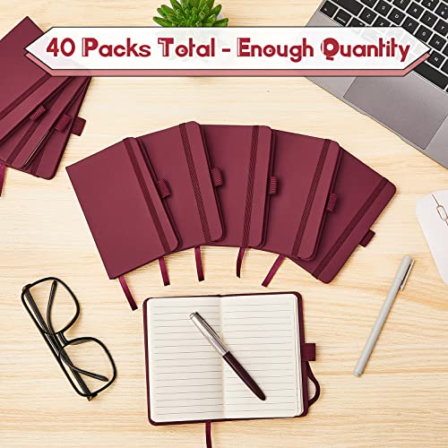 Laumoi Small Notebooks A6 Pocket Journals 3.5 x 5.5 Inch Small Leather Notebook Mini Ruled Lined Journal with Elastic Band Pen Holder Page Marker Ribbons(Wine Red,40 Pieces) - color: Wine Red