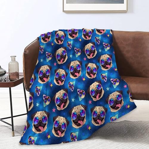 Adults Children Extra Soft Blankets, Galaxy Pug with Cool Glasses Keep Warm Throw Wrap Throw Wearable Blankets, Camping Blankets - color: Pattern 11, size: 50x60inch-teens