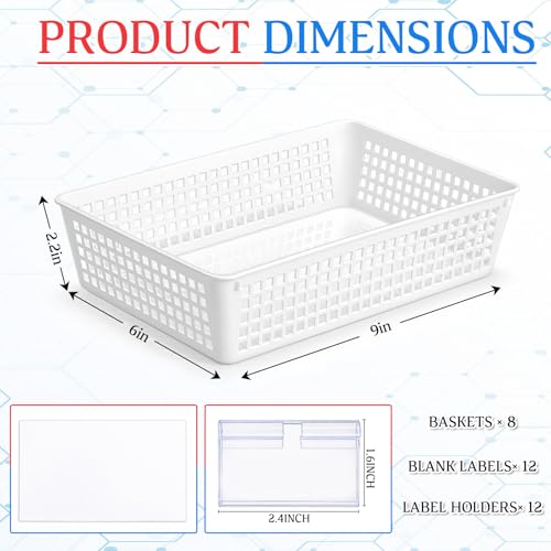 Vaccine Storage Basket, Medication Storage Organizer, 8 White Baskets with 12 Clear Label Holders & 12 Plain Labels for Medical Refrigerator