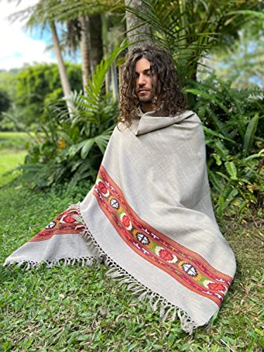 Handmade SATI Shawl Misty Grey Handwoven Wool Meditation Prayer Scarf Blanket Premium Pure Cashmere Winter Tribal Zen Embroidery Boho Handmade AJJAYA