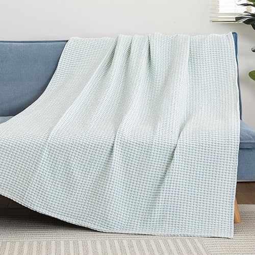 Lightweight Cotton Waffle Throw Blanket, Modern Two-Tone Check Pattern, Soft & Breathable for Bed, Couch, Sofa, All Seasons –Light Blue/White, 50"x60" - color: Blue/White, size: Twin