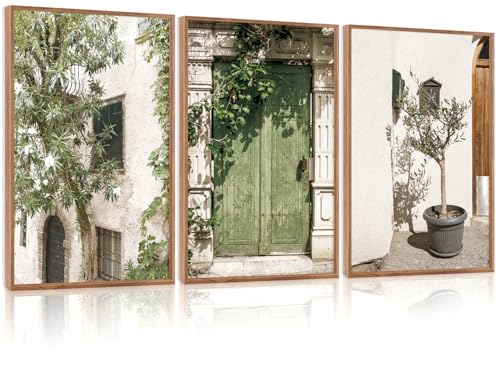 CHDITB Vintage Italy City Landscape Framed Canvas Wall Art Set, Mediterranean Door Wall Decor, Olive Green Cityscape Painting, Tree Old House Italian Art Print For Living Room Bedroom Office 16"x24"x3 - color: Italy, size: 16"L x 24"W