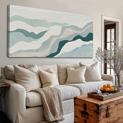 Ocevarin Neutral Abstract Wall Art Geometric Canvas Painting Blue Green and White Pictures Wall Decor for Living Room Bedroom Modern Artwork for Office 24x48 Inch - color: Teal and Beige, size: 48"L x 24"W