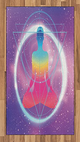 Ambesonne Indie Area Rug, Human Silhouette Lotus Position Triangles Circles Galaxy Meditation Yoga, Flat Woven Accent Rug for Living Room Bedroom Dining Room, 2' 6" x 5', Lavender Pink Blue