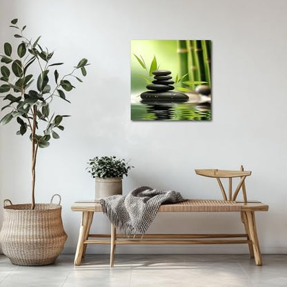 TIEHAOMAI Zen Canvas Wall Art Green Bamboo Stones Paintings Spa Stones Meditation Picture Prints for Gallery Corridor Decor（Zen-5,18x18inch (45x45cm)