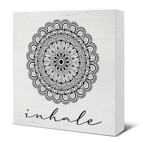 Zen Decor, Spiritual Decor, Inhale Mandala Wood Sign Home Office Meditation Room Bedroom Yoga Room Table Shelf Wall Desk Decoration 5×5 Inches